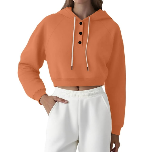 ManxiVoo Chandail à Capuchon Court à Boutons pour Femmes, Col à Revers, Manches Raglan, Coupe Ample Décontractée, TTTG, Orange