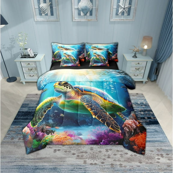 Erosebridal Sea Turtle Bedding Sets Twin Size, Underwater World Comforter Sets with Sheets, Colorful Coral Decor, Reversible