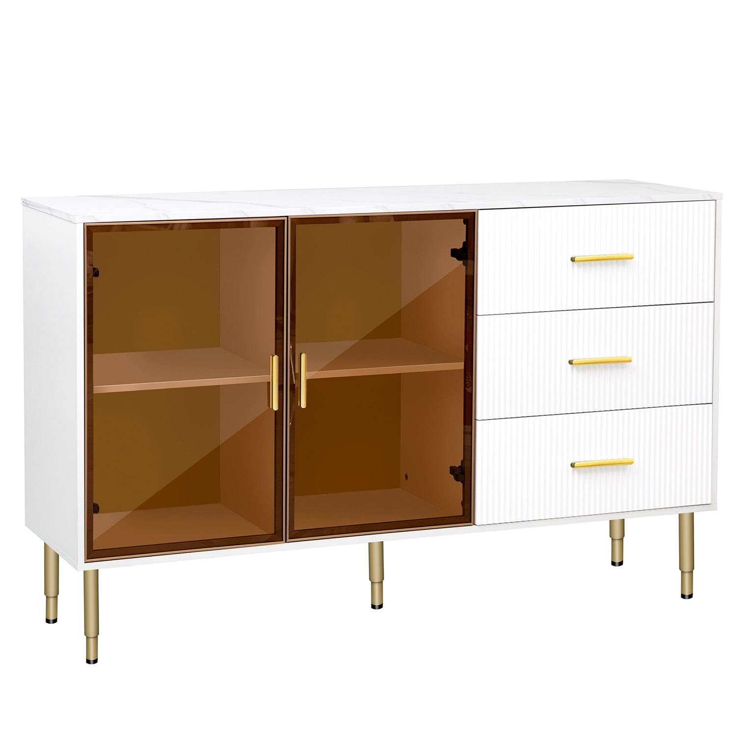 Kadyn Modern Kitchen Storage Cabinet, White Storage Server Cupboard with Gold Metal Legs & Handles, MDF Storage Cabinet for Living Room