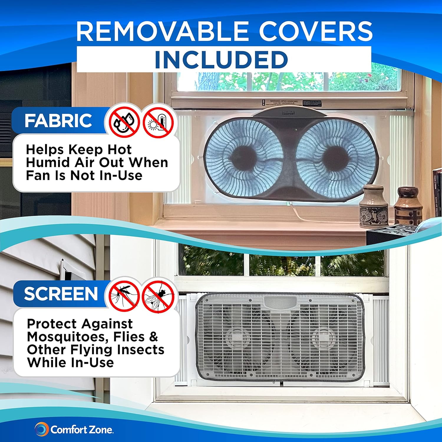 Comfort Zone Smart Wi-Fi Reversible Twin Window Fan with Cover and Bug Screen