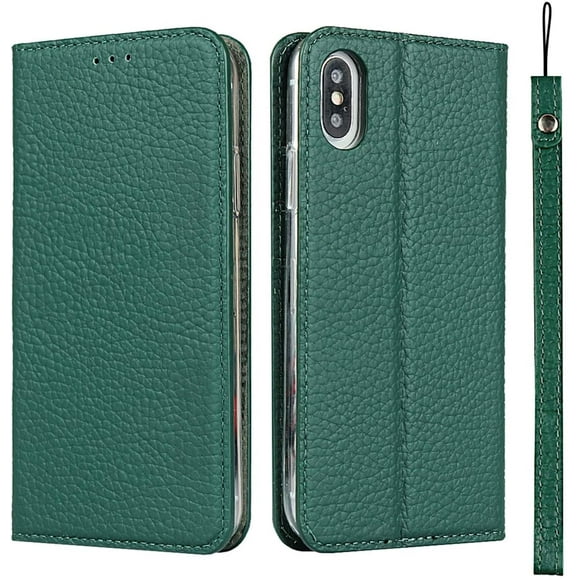 iCoverCase Genuine Leather Case for iPhone X/iPhone Xs, Wallet Case with Wrist Strap and Card Slots Magnetic Closure