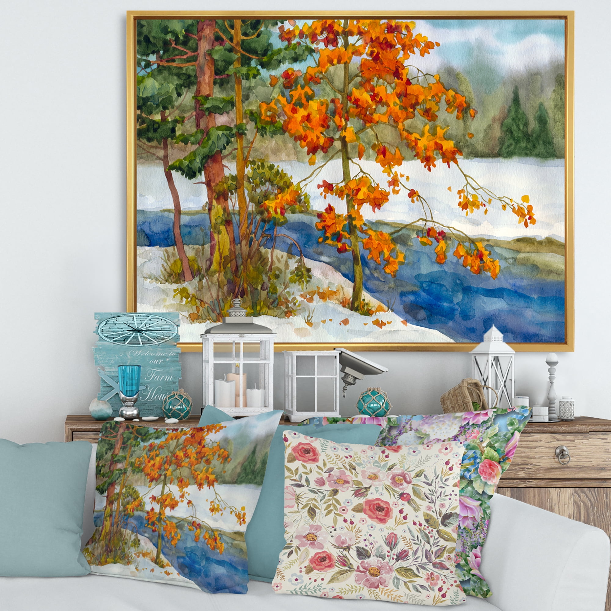 Designart 'Stream Through The Winter Forest I' Lake House Framed Canvas Wall Art Print