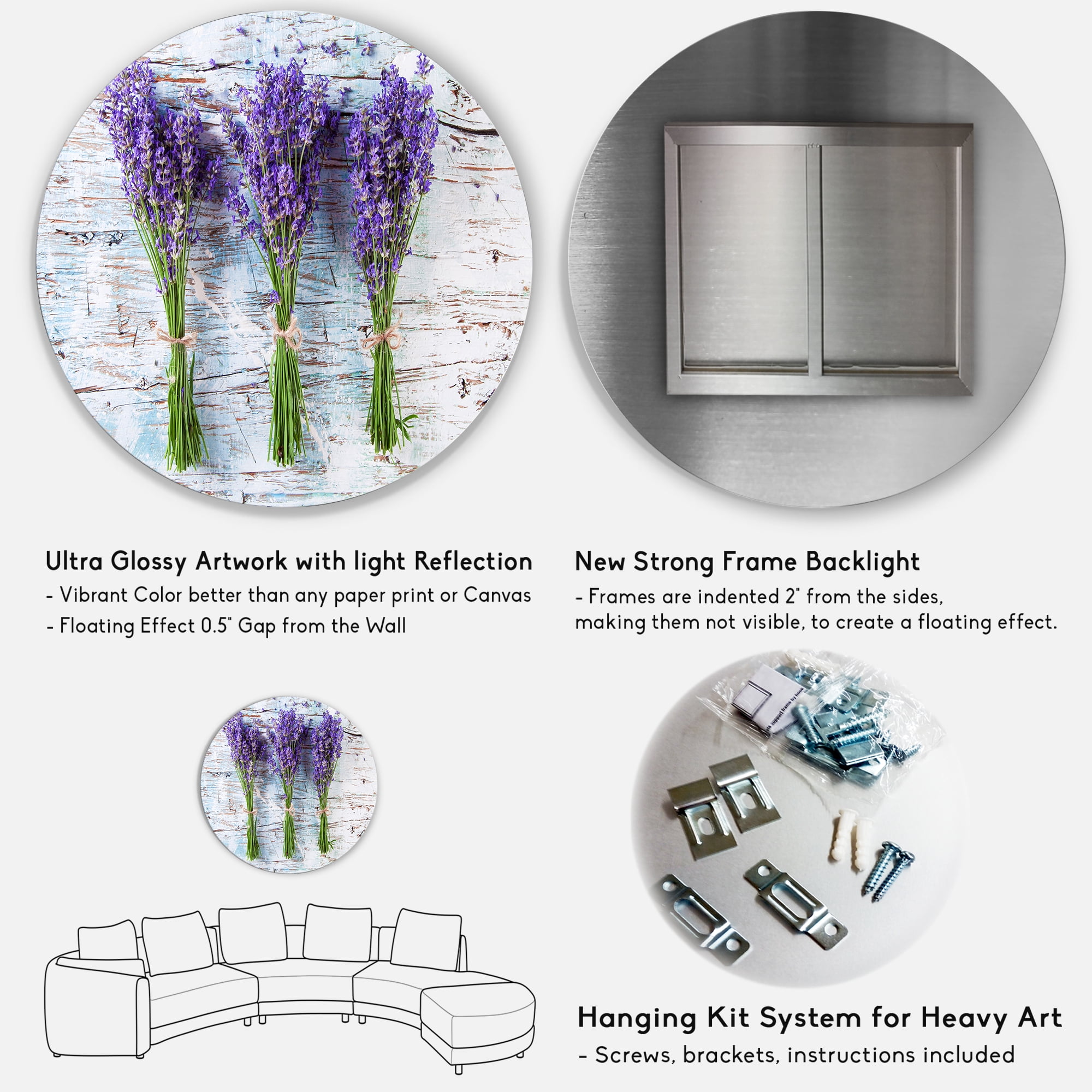 Designart 'Fresh Lavender Bouquets On Wood' Farmhouse Circle Metal Wall Art 23x23 - Disc of 23