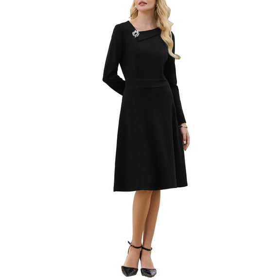 INSPIRE CHIC Women's Elegant A-Line Dress Asymmetrical Neckline Wear to Work Flare Dresses S Black