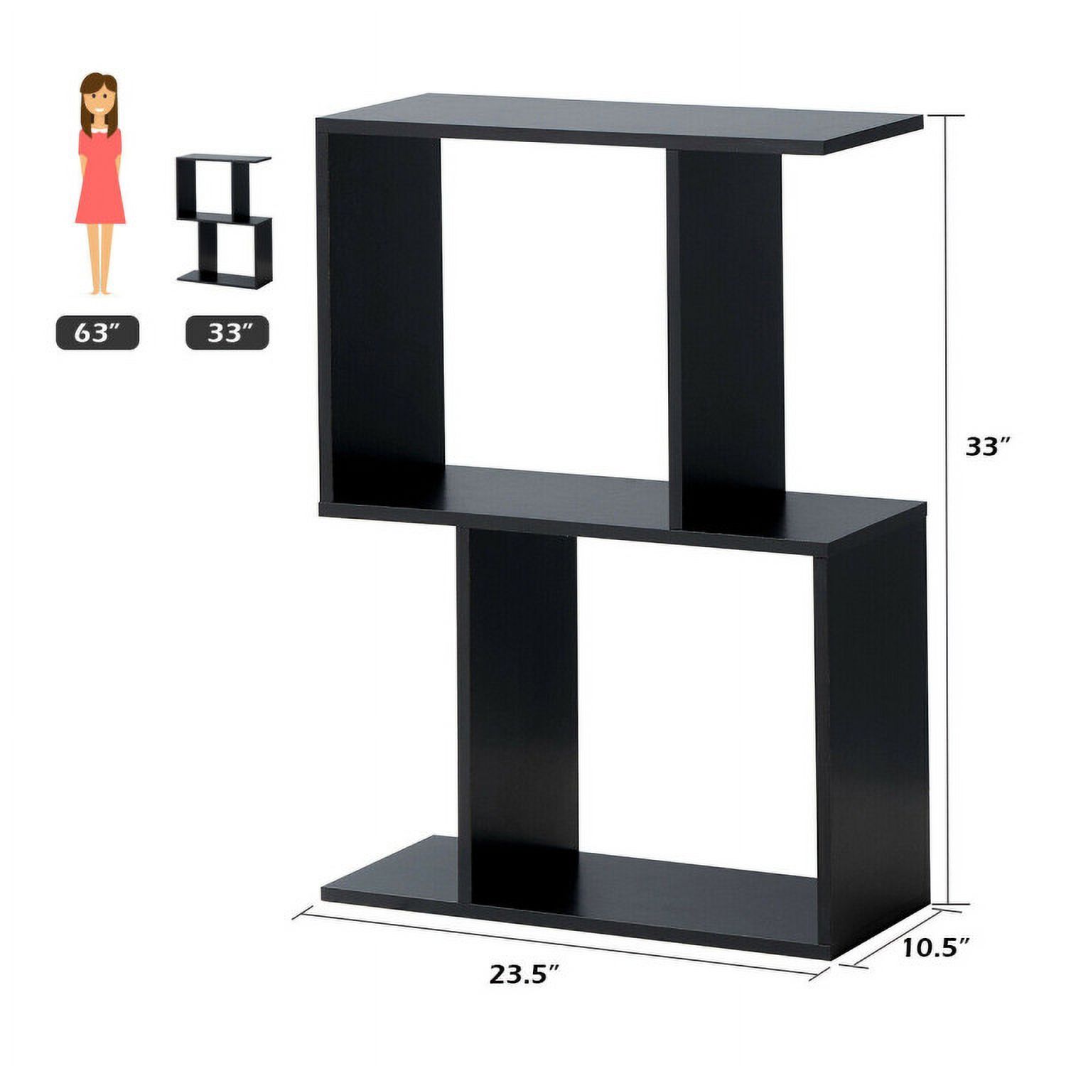 Demi Bonn 2 Tiers Wooden S-Shaped Bookcase for Living Room Bedroom Office, Freestanding Display Rack Bookshelf, Black