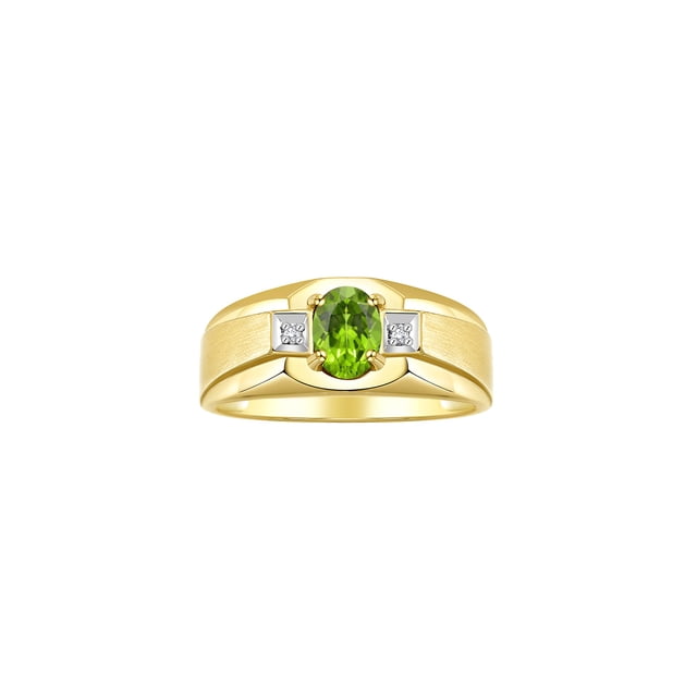 RYLOS Men's Rings 14K Yellow Gold Classic 7X5MM Oval Gemstone & Diamond Ring Peridot August Birthstone Rings For Men, Gold Rings Size 9