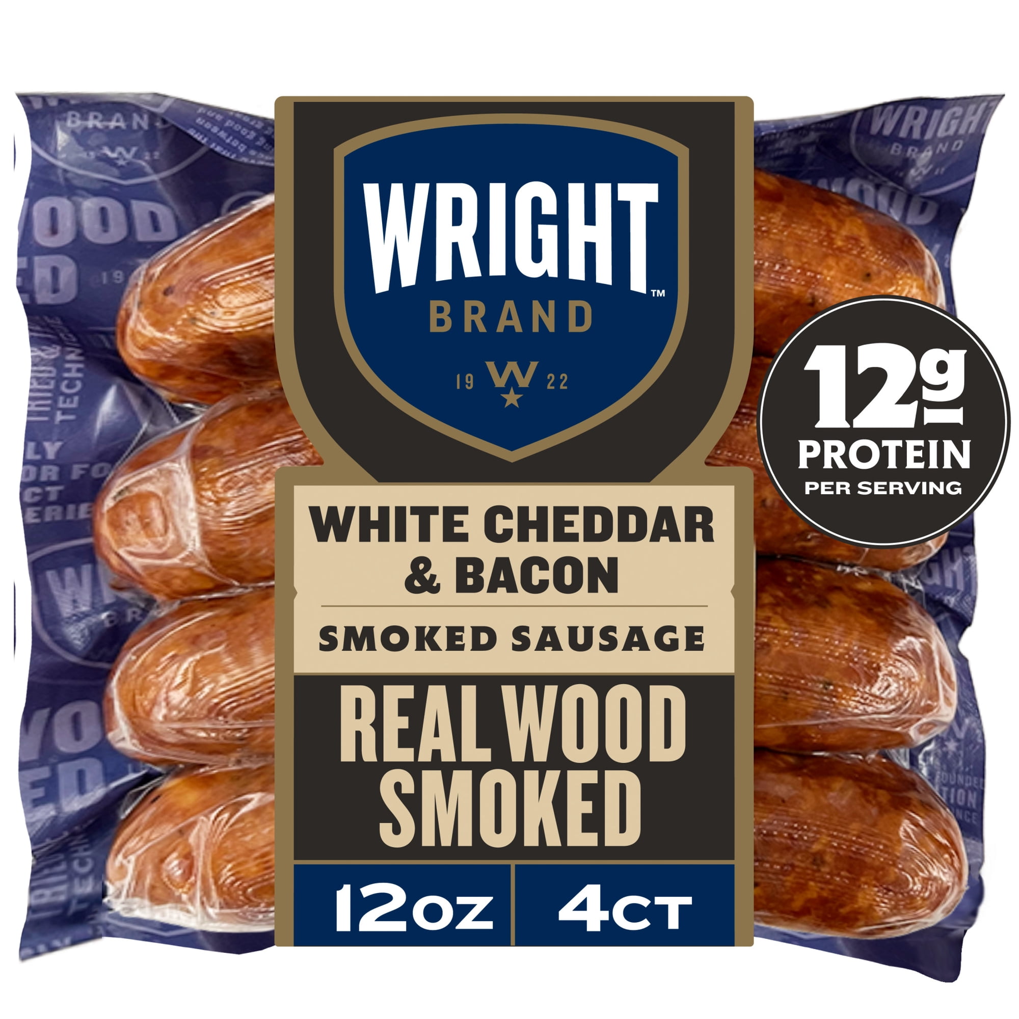 Wright Brand Real Wood Smoked White Cheddar & Bacon Smoked Sausage, 12 oz, 4 Count (Refrigerated)