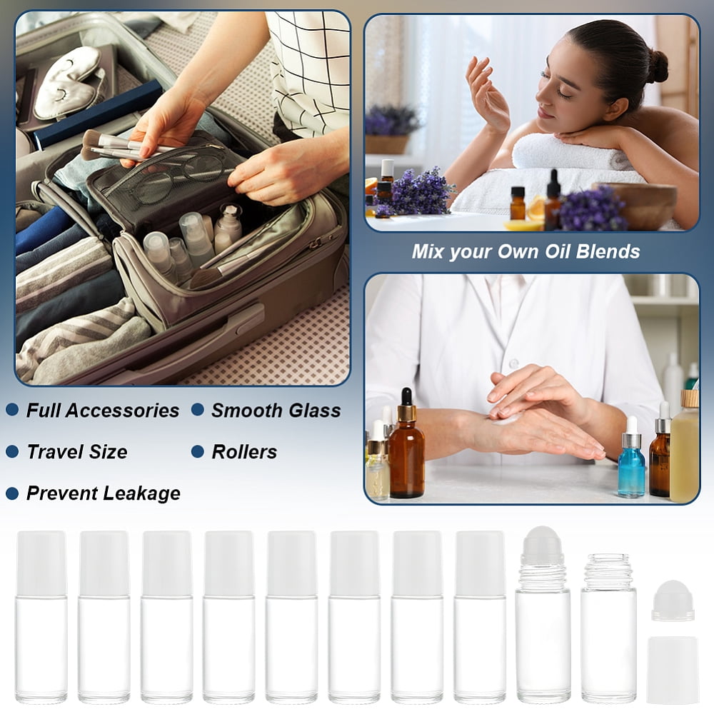 10 Pcs 30ml/1 oz Essential Oil Roller Bottle Clear Glass Bottles with Plastic Roller Ball White Lid Labels Dropper Reusable Empty