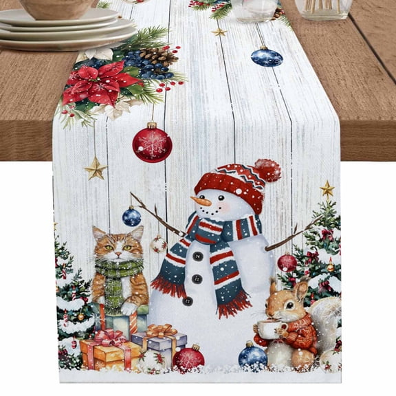 nqOlkjepod Christmas Table Runner 72 Inches Long Farmhouse Dress Scarves, Snowman Poinsettia Pine Tree Branches Wooden Dining Tablerunner for Coffee Table/Kitchen Island/Party Décor, 13" x 72"