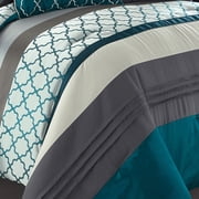 Nanshing Avalon 8 Piece Trellis Moroccan Print Comforter Set, Teal/Grey, King