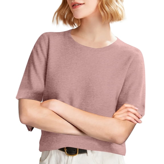 Dwellite Womens Short Sleeve Sweaters Cropped Crew Neck Business Casual Lightweight Sweater Tops 2026 Spring Summer Knit Tops Pullover Light pink L