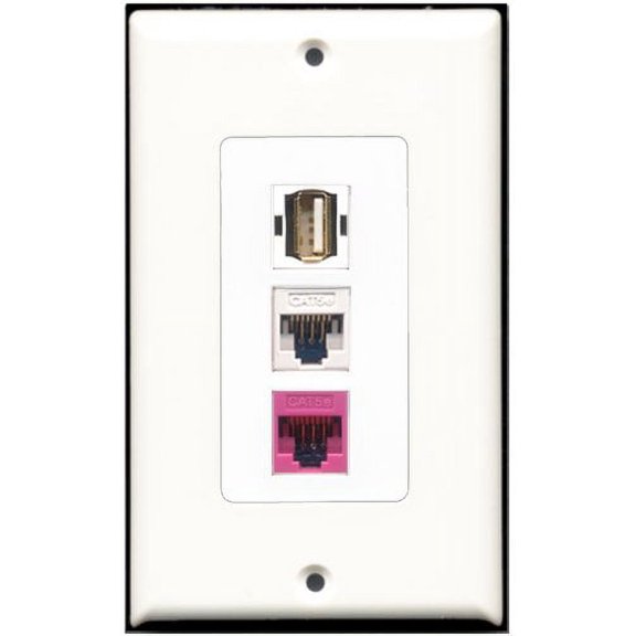 RiteAV - 1 Port USB A-A 1 Cat5e Ethernet White 1 Cat5e Ethernet Pink Wall Plate Decorative