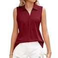 thumbnail image 1 of Camiseta sin mangas con cuello vuelto para mujer, cuello en V, Color liso, blusa sin mangas plisada media, rojo vino XXL, 1 of 6