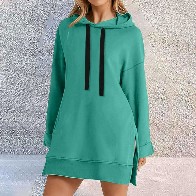 Chandail à Capuche pour Femmes Robe Longueur Genou Long Chandail-Over Hauts Fendus Automne Hiver Chandail en Peluche