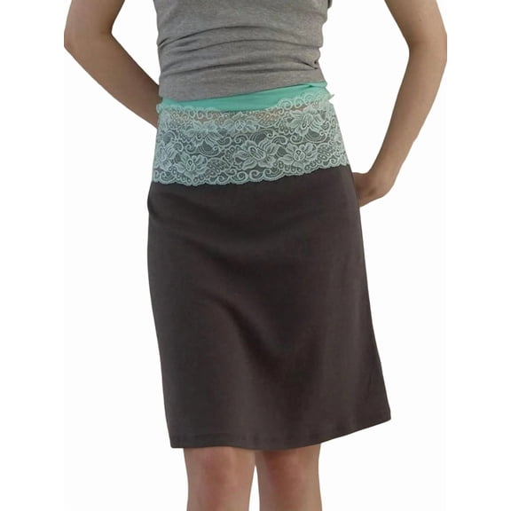 Women High Waist Lace Trim Waistband A-Line Midi Skirt Dark Gray S