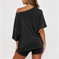 thumbnail image 3 of Women Off The Shoulder Lounge Set Loose Short Sleeve Top High Waist Biker Shorts Matching Outfit Two Piece Tracksuit Black L, 3 of 4