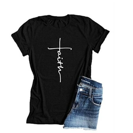 Women Fashion Cross Faith Print Religious Casual Short Sleeve Graphic Tees Shirt