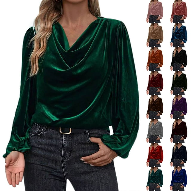 QATAINLAV T-Shirts en Velours Habillés à Manches Longues pour Femmes, Hauts Business Casual, Blouses Décontractées à Col Bénitier Froncé à l'Avant, Vert, TG