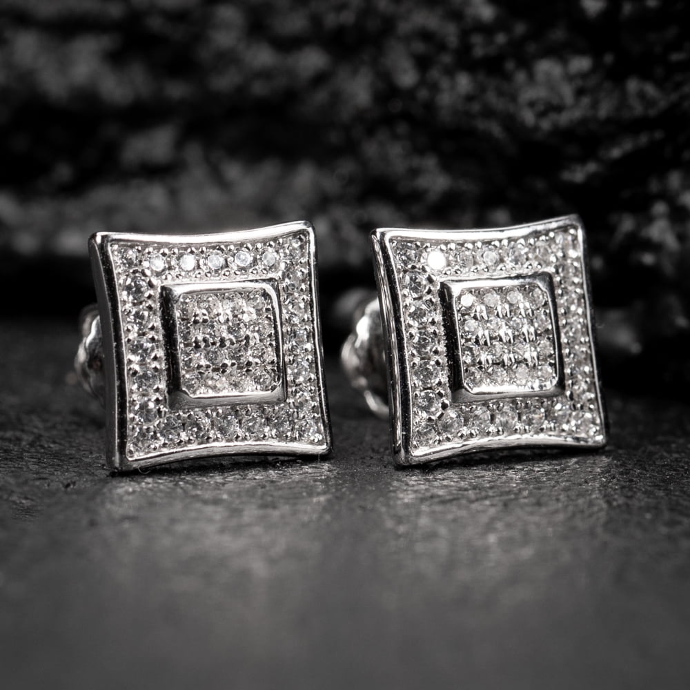 Men’s Square White Gold 925 Sterling Silver Screw Back Post  Micro Pave 3D Iced 5A Cz Hip Hop Stud Earrings