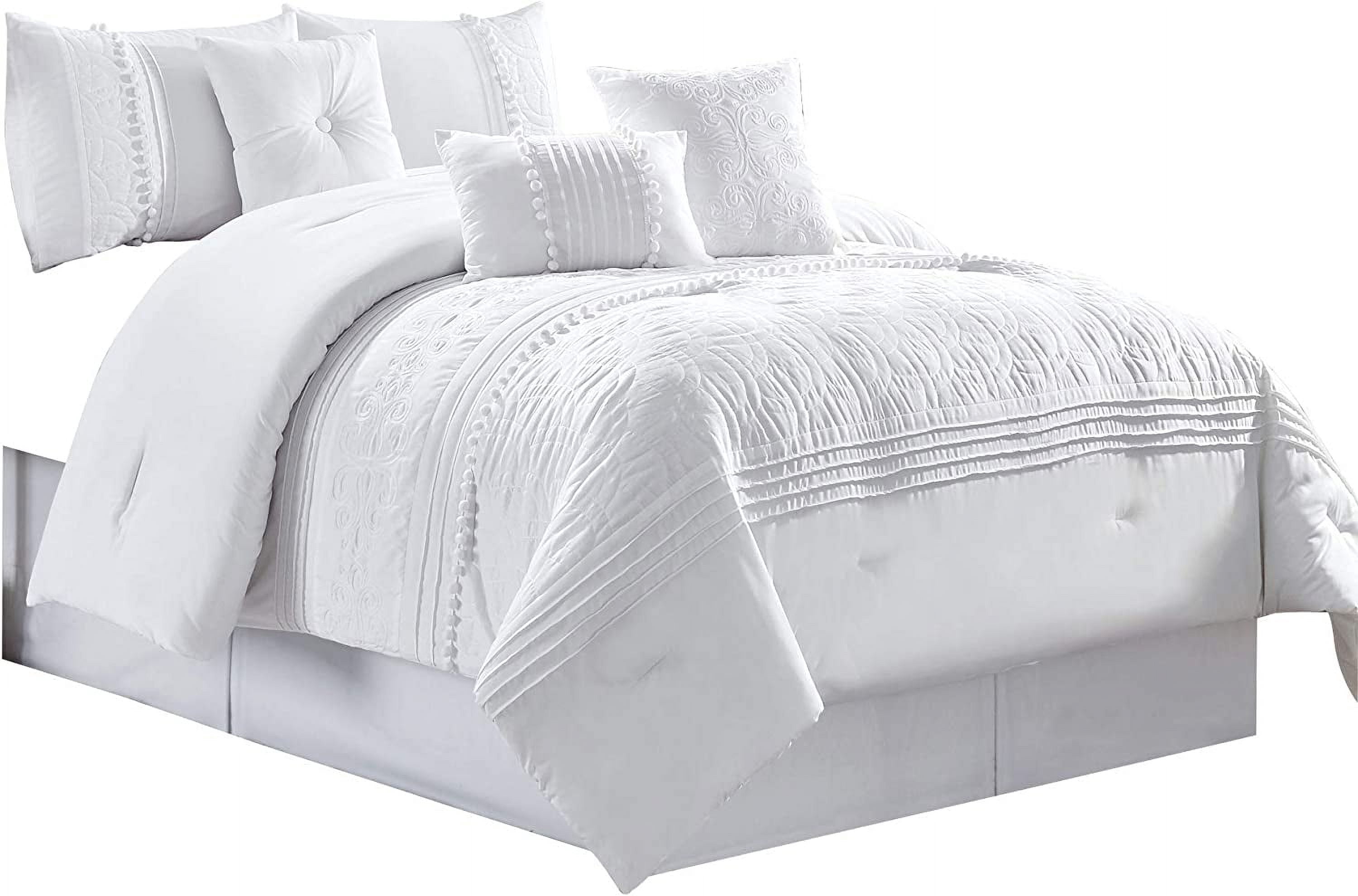 Chezmoi Collection 7-Piece Graceful White Floral Chenille Pom Pom Embroidery Comforter Set, Full