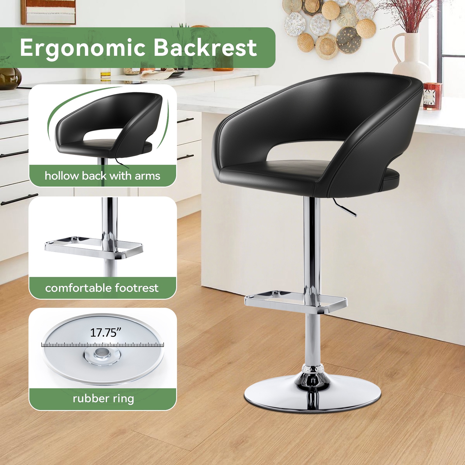 Adjustable Bar Stools, 360-Degree Swivel Barstools with Open Back and Arms, PU Leather Counter Height Island Chairs with Square Footrest for Pub Kitchen Dining Room, Black