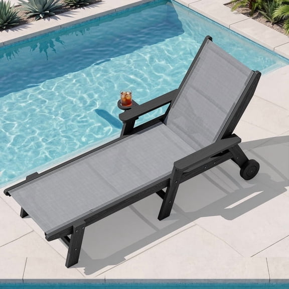 SERWALL Textilene Patio Chaise Lounge Chair, 5-Position Adjustable Outdoor Lounger with Rolling Wheels for Pool, Deck, Black