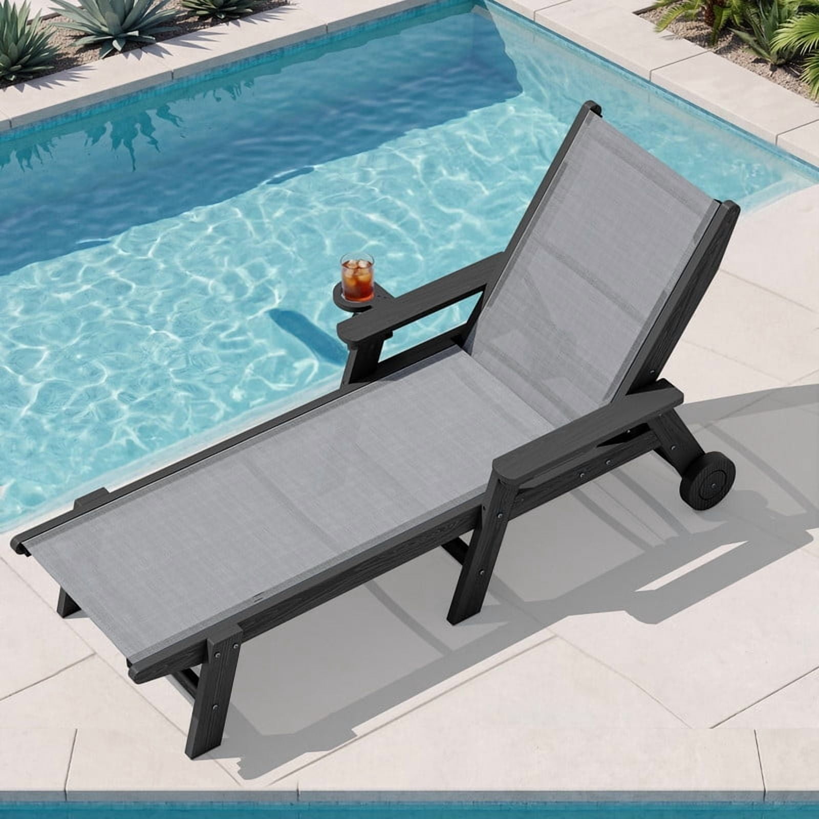 SERWALL Textilene Patio Chaise Lounge Chair, 5-Position Adjustable Outdoor Lounger with Rolling Wheels for Pool, Deck, Black