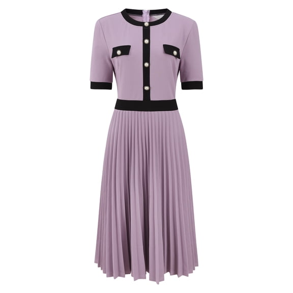 DARING DIVA Short Sleeve Pleated Trendy Contrast Color A-Line Midi Dress S Purple