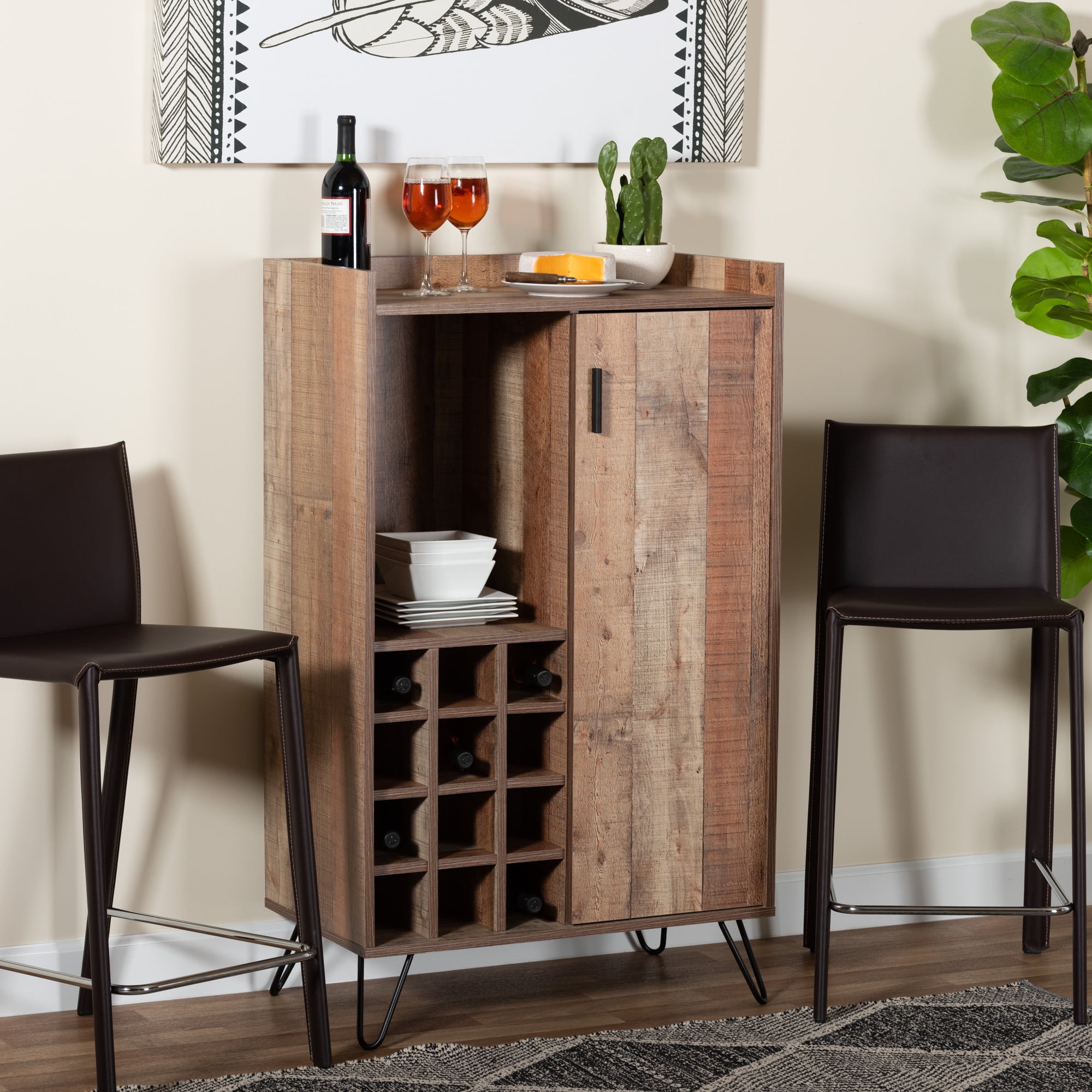 Baxton Studio Mathis Modern and Contemporary Rustic Brown Finished Wood and Black Finished Metal Wine Storage Cabinet