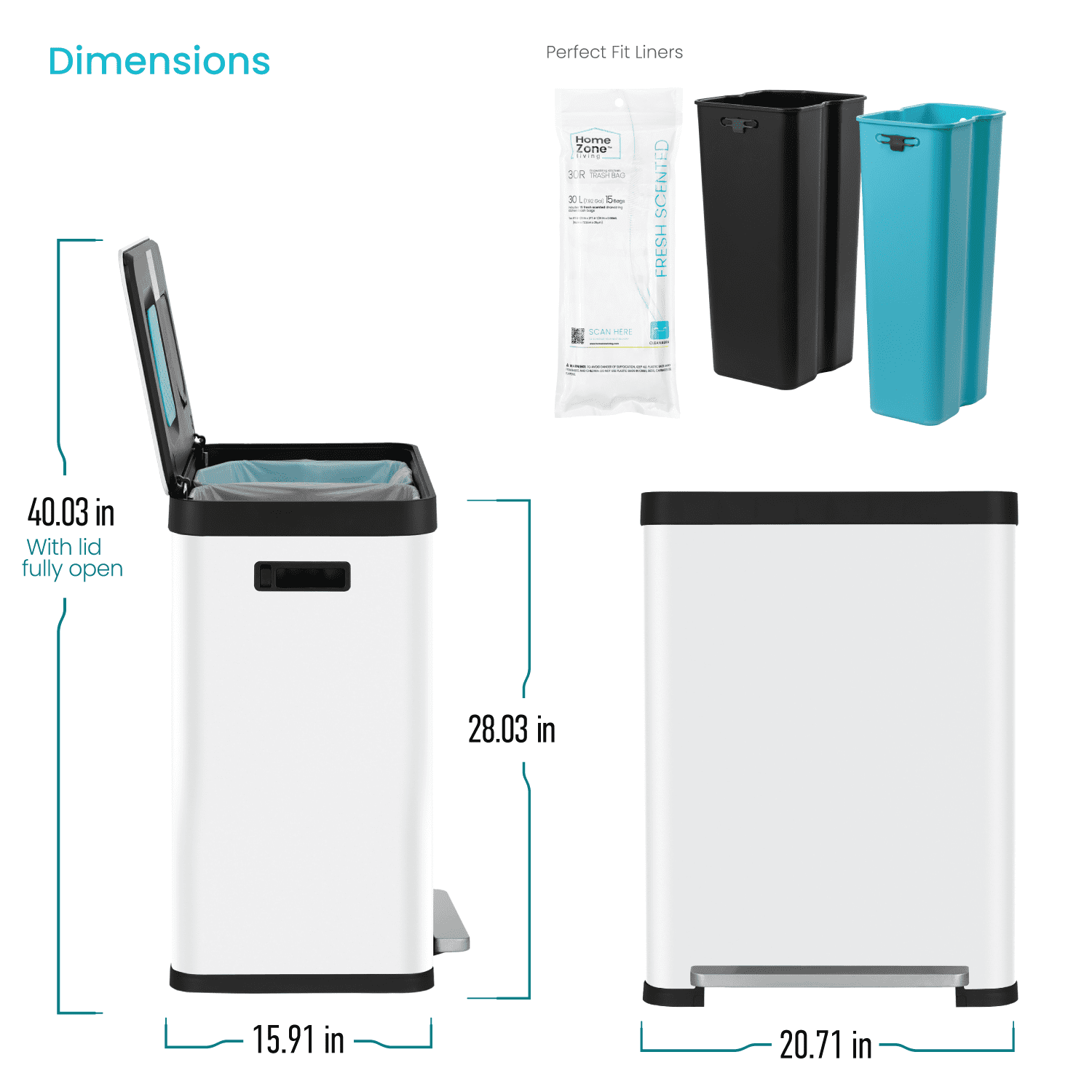 Home Zone Living 19 Gallon Dual Compartment Kitchen Trash Can with CleanAura Odor Control and Recycling Flap, Stainless Steel, White