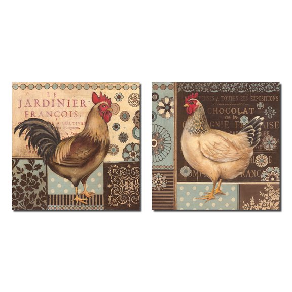 Aqua Rooster I Lovely Rustic Blue and Brown Floral Rooster Set; Two 12x12in Poster Prints
