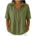 thumbnail image 2 of HongQid Short Sleeve Collared Henley Cotton Shirt for Women Partial Button Placket Drop Shoulder Loose Curved Hem Breathable Woven Casual Tunic, 2 of 6