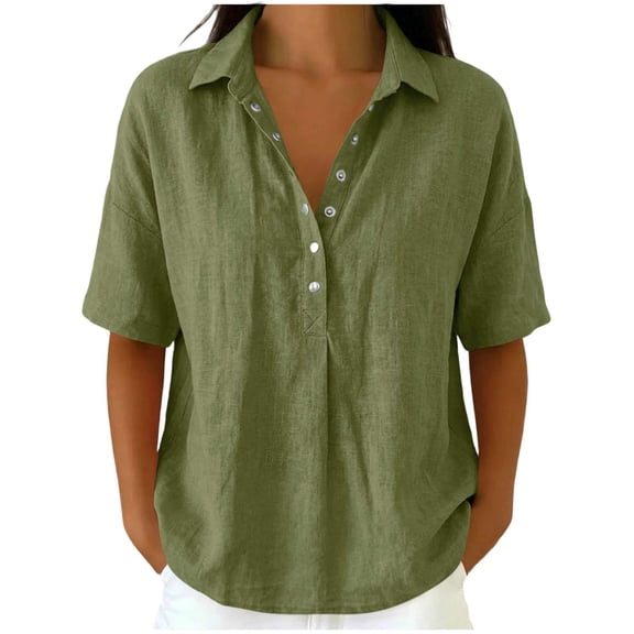 OGLCCG Cotton Linen Shirts for Women Half Sleeve Lapel Snap Shirt Casual Loose Fit Summer Beach Vacation Blouse Dressy,Army Green 1