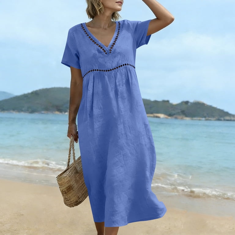 empire waist sun dresses Wycnly Summer Dresses for Women Beach Empire Waist Flowy Swing A Line Midi Sun  Dresses Short Sleeve V-Neck Leaves Print Knee-Length 2024 Casual Dress Blue  l
