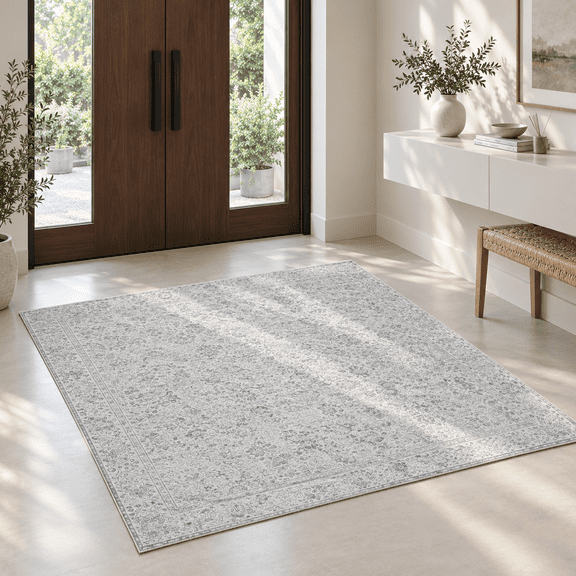 Evitormill 2x3 ft Area Rug for Living Room, Boho Geometric Rug, Non Slip Low Pile Machine Washable Foldable Indoor Rug for Living Room Bedroom Dining Room, Light Gray