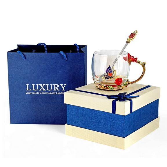 STP GOODS Graceful Bloom Enamel Glass Mug with Spoon in Gift Box 11.2 fl oz (330 ml) Floral Cup with Teaspoon Coffee and Tea Mug, Red Clear