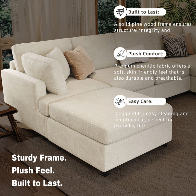 127" U-Shaped Modular Sectional Sofa with Movable Ottoman, 6-Piece Chenille Fabric Couch, Convertible Corner Sofa with Pine Wood Frame, Modern Deep Seat Sofa Set for Living Room & Apartment