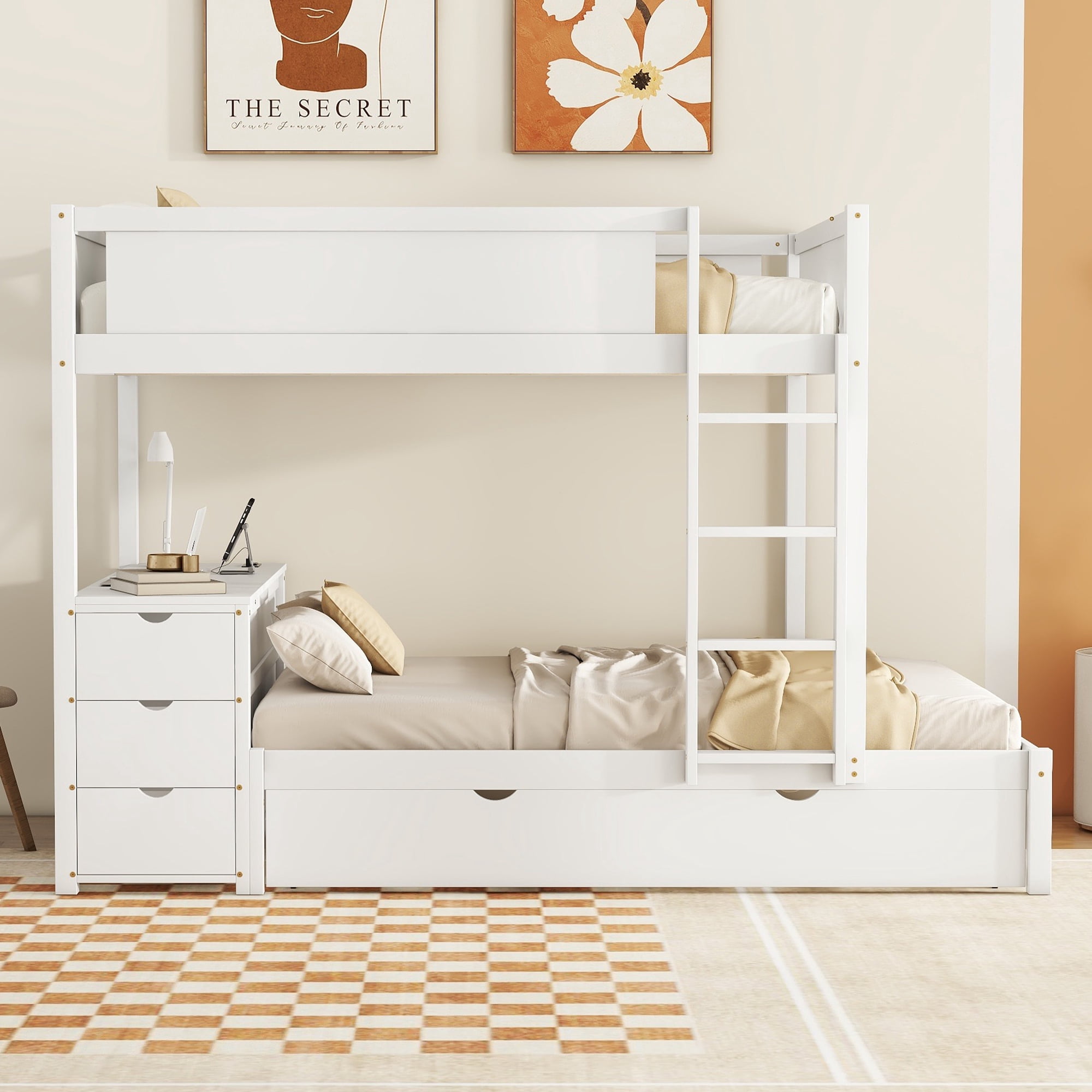 Full-Over-Full Bunk Bed with Twin size Trundle and 3 Storage Drawers, Solid Wood Floor Bunk Bed with Desk, Ladder and Guardrails for Kids Teens Adults