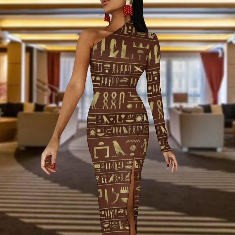 Egyptian hieroglyphs gold on brown leather Half Dleeve Split Dress birthday dress  evening dress women clothes - Walmart.com