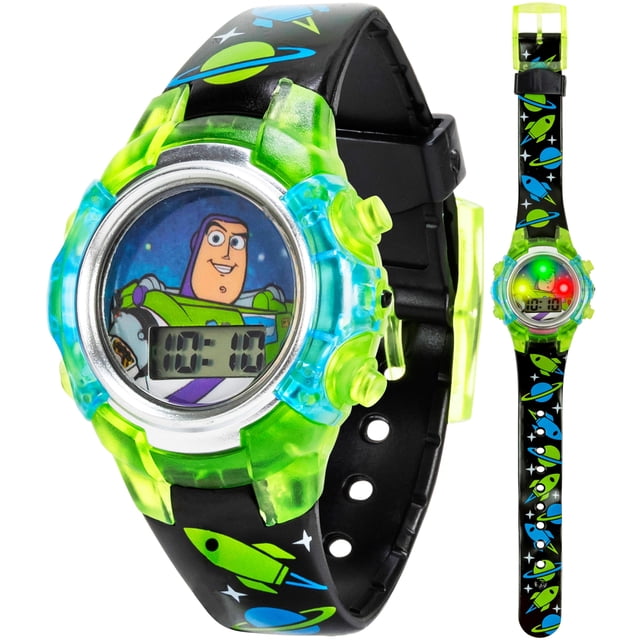 Disney Pixar Toy Story 4 Buzz Lightyear Reloj LCD intermitente para niños con esfera iluminada colorida, caja de plástico duradera y correa impresa con temática espacial, perfecto para niños y niñas a