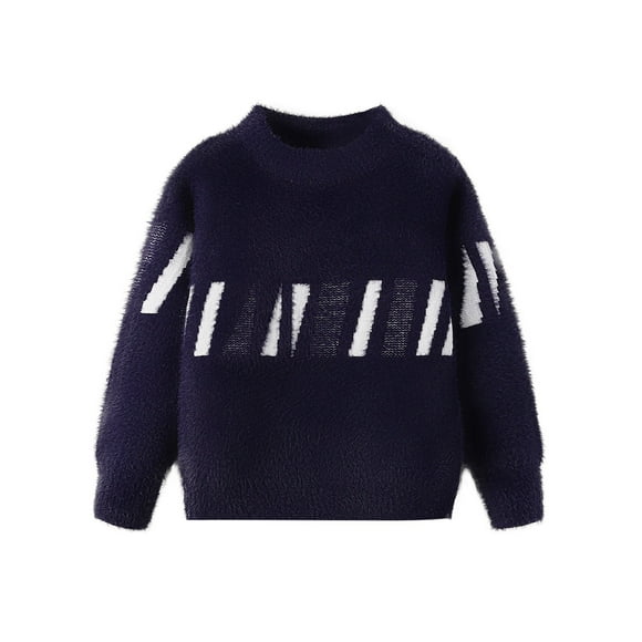 2025 Boys' Fleece Lined Sweater Round Neck Long Sleeve Base Shirt Sweater Navy