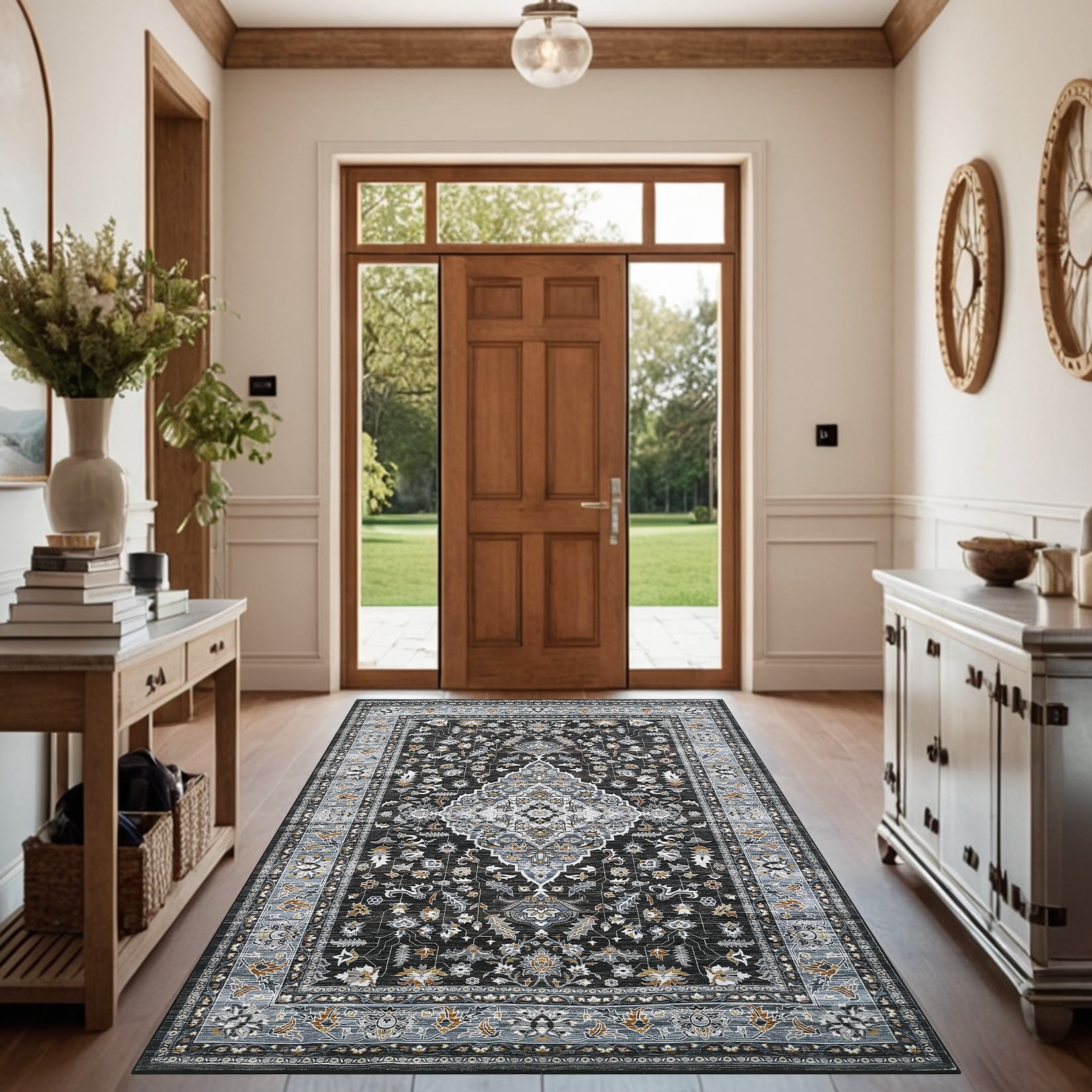 Garvee Vintage Floral Print Area Rug, 8'x10' Washable Rug Stain Resistant Indoor Carpet Non-Slip Low Pile Floor Rugs for Living Room Bedroom Dining Room, Black