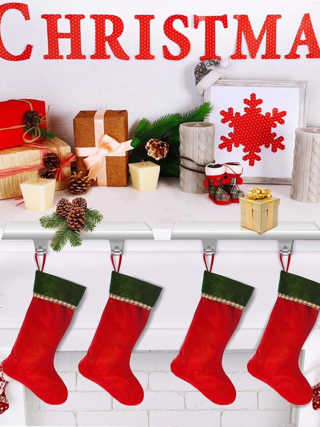 Kalolary Set of 4 Christmas Stocking Holders, Free-Standing Mantel Hangers for Fireplace Decoration, Silver Christmas Party Decor