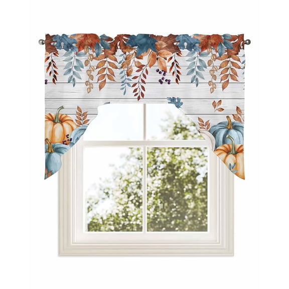 Orange Blue Fall Kitchen Curtains Swag Valance for Windows/Bathroom/Cafe, Thanksgiving Pumpkins Harvest Botanical Vintage Rod Pocket Drape Panel Swag Curtains Valance for Bedroom/Living Room 56"x36"