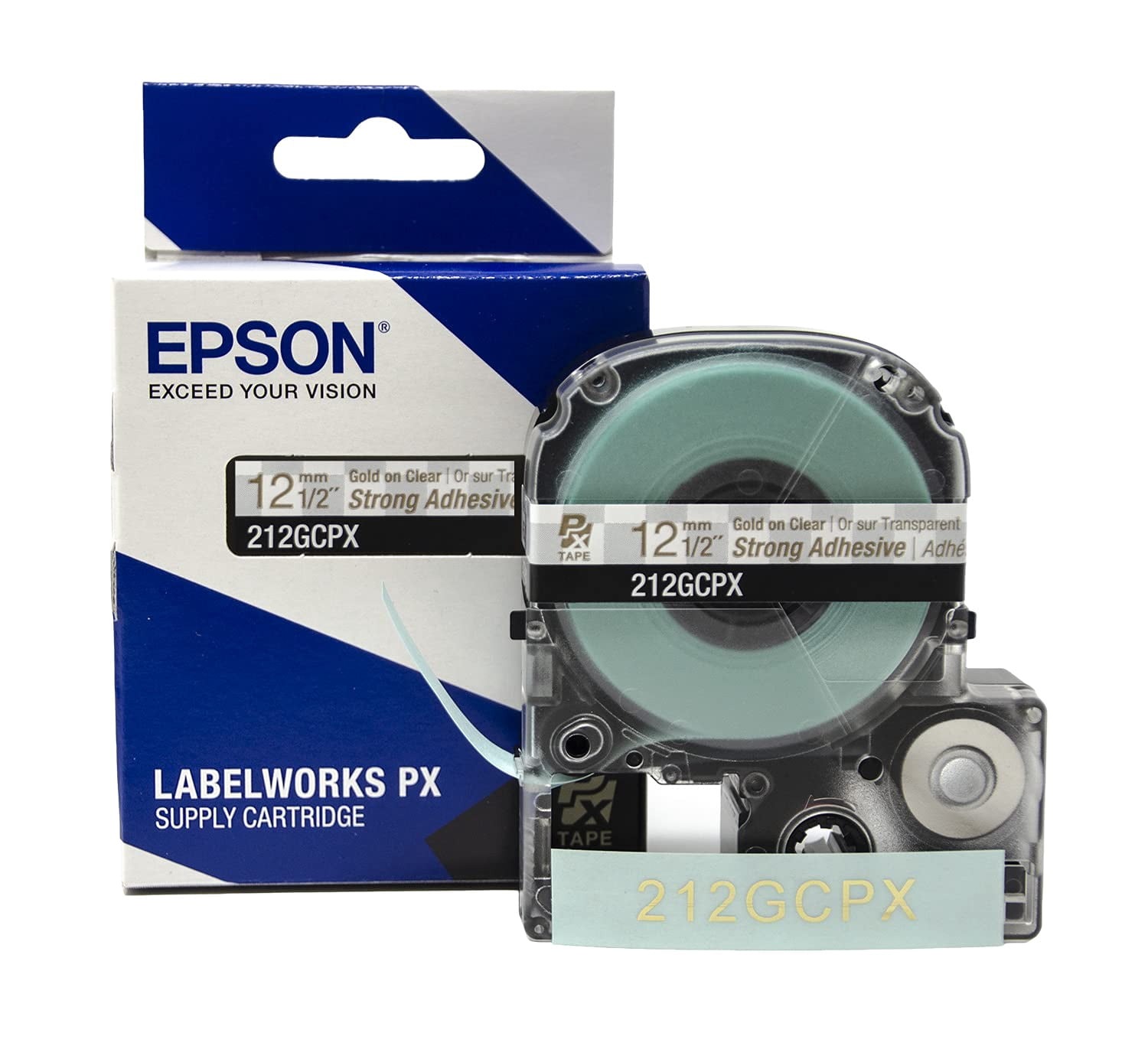 Epson LABELWORKS 212GCPX - Gold on Clear PET Label Maker Tape - 1/2" (12MM) Wide, 30'