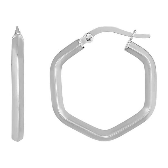 14k White Gold Shiny Hexagon Hoop Earrings