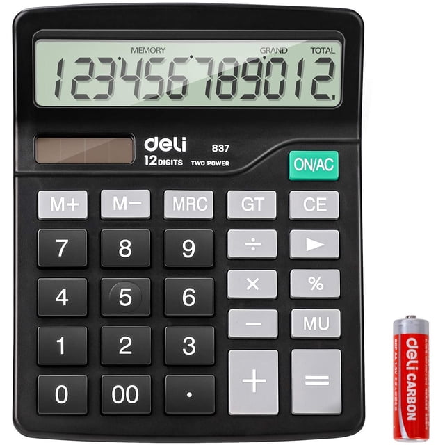 Calculadora Deli Escritorio 12 Dígitos Pantalla Amplia Panel Solar Negro