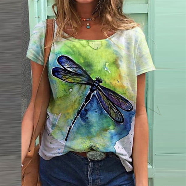 Camiseta informal Vintage con temática de animales para mujer, Tops básicos de manga corta con cuello redondo, Camiseta holgada con estampado de libélula 3D para mujer 2022