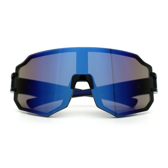 Oversized Mens Color Mirror Rimless Shield Plastic MTB Sport Sunglasses Black Blue - Blue Mirror