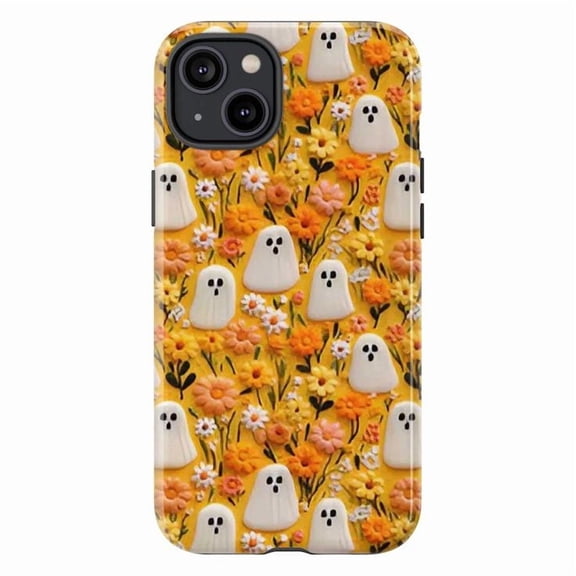 Cute Ghosts in Floral Field Phone Case, Autumn Halloween Aesthetic, Yellow Cottagecore Spooky Cover for iPhone 16/15/14/13/12 Pro Max Mini Plus